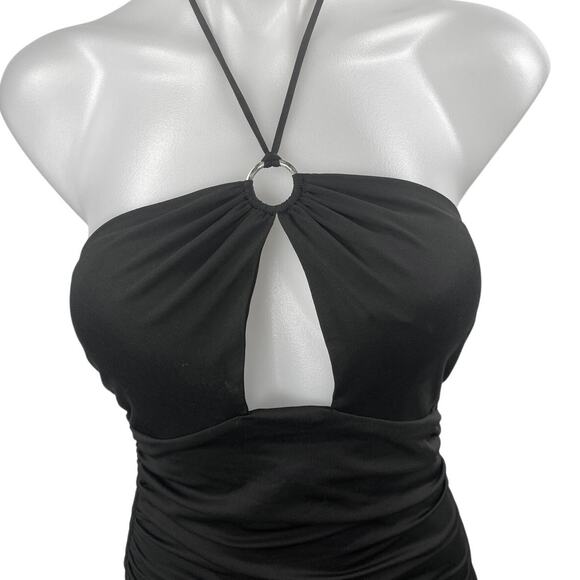 Princess Polly Black Sleeveless Halter Tie Ruched Cutout Mini Bodycon Dress Sz 4 - Picture 3 of 4